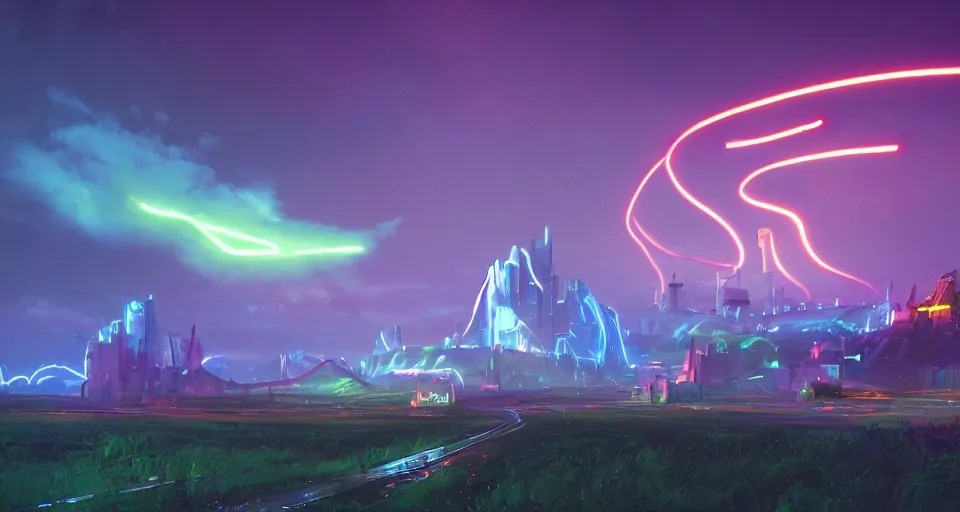 Image similar to Landscape with GIANT neon lightning bolt striking a futuristic castle, center composition, cinematic, rendered by simon stålenhag, rendered by Beeple, Makoto Shinkai, syd meade, environment concept, digital art, starwars, unreal engine, 3 point perspective, WLOP, trending on artstation, low level, 4K UHD image, octane render,