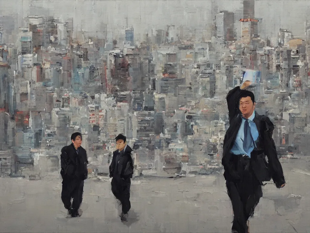 Prompt: ‘The Center of the World’ (Liu Xiaodong oil painting, large brushstrokes) was filmed in Beijing in April 2013 depicting a white collar office worker. A man in his early thirties – the first single-child-generation in China. Representing a new image of an idealized urban successful booming China.