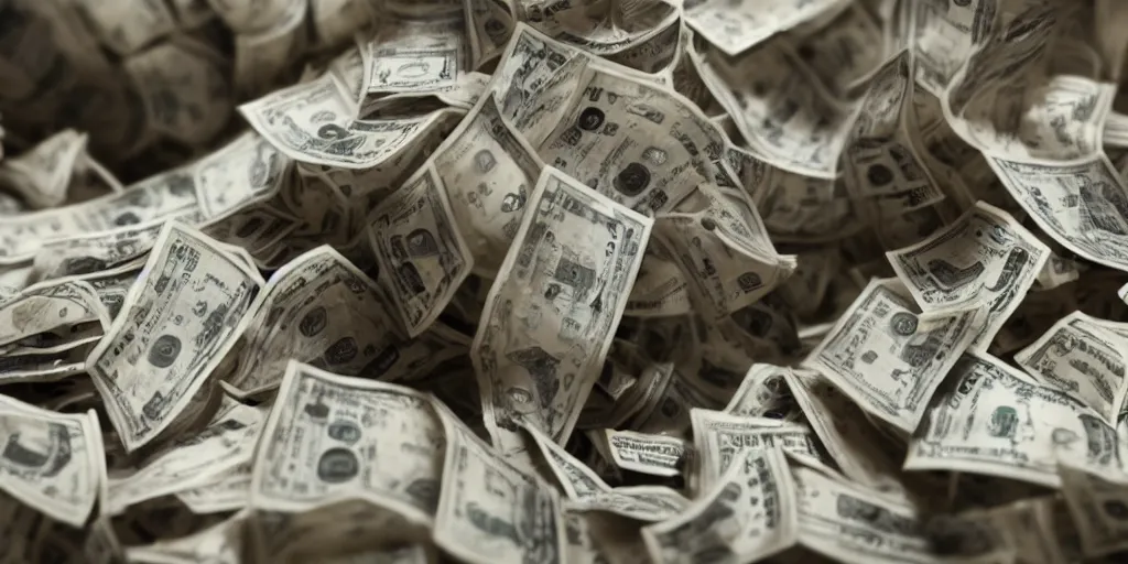 Prompt: a film still of cash money piling up in a vault, shallow depth of field, cinematic, award winning cgi, vfx, film still cfg _ scale : 1 8. 0