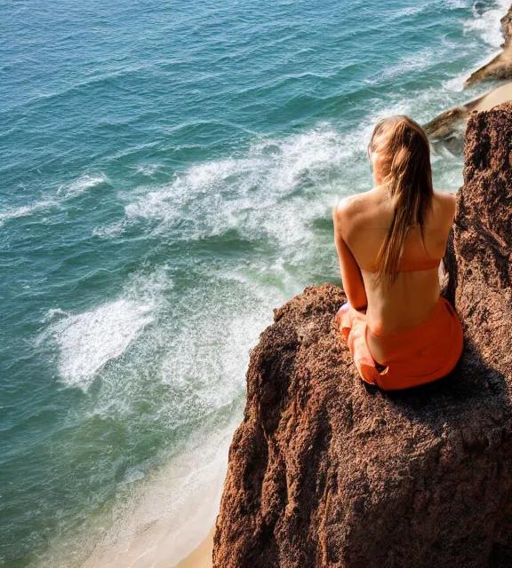 Image similar to a girl sitting on a cliff overlooking the beach, realistic photo, 4 k