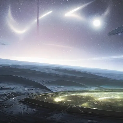 Prompt: alien landscape with a spaceport far on the horizon, epic lighting, elegant, calm, artwork by Charles Vacher