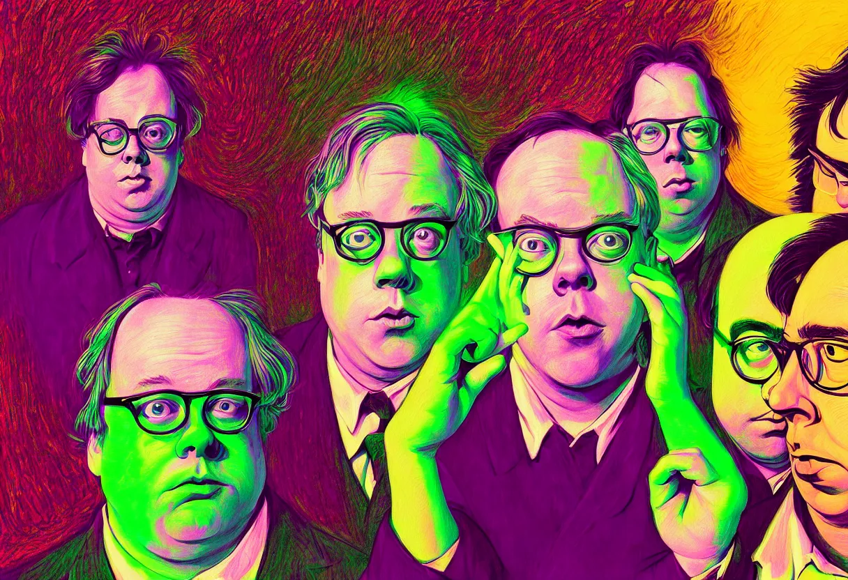 Prompt: bright psychedelic todd solondz and philip seymour hoffman and bill hicks, geek crying and puking, jewish new yorker, abused, bully, diffuse lighting, fantasy, intricate, elegant, highly detailed, lifelike, photorealistic, digital painting, artstation, illustration, concept art, smooth, sharp focus, art by francis bacon