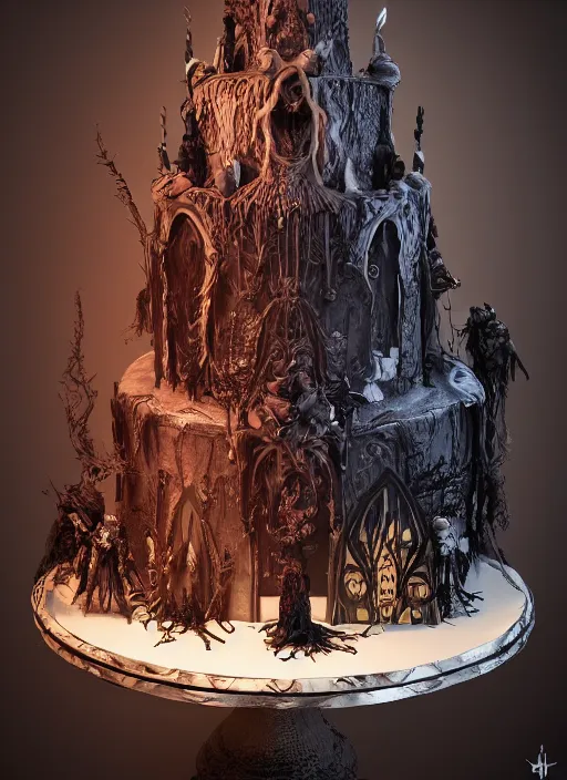 Image similar to a portrait of a gothic dark fantasy cake with wizards and valkyries on it, au naturel, hyper detailed, digital art, trending in artstation, cinematic lighting, studio quality, smooth render, unreal engine 5 rendered, octane rendered, art style by pixar dreamworks warner bros disney riot games.