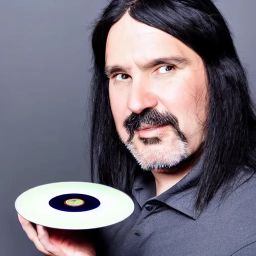 Prompt: middle aged man with long black hair holding a cd