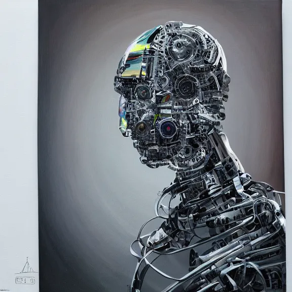 Prompt: robot painting a self - portrait on a canvas. intricate, highly detailed, photorealistic, film still, by alexandros pyromallis.