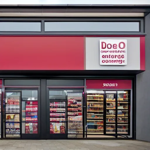 Image similar to Shopfront of a convenience store in anthracite with red burgundy details, award winning architectural design, best of retail