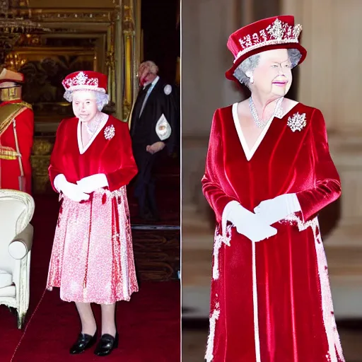 Image similar to queen elizabeth in a red velvet cake costume