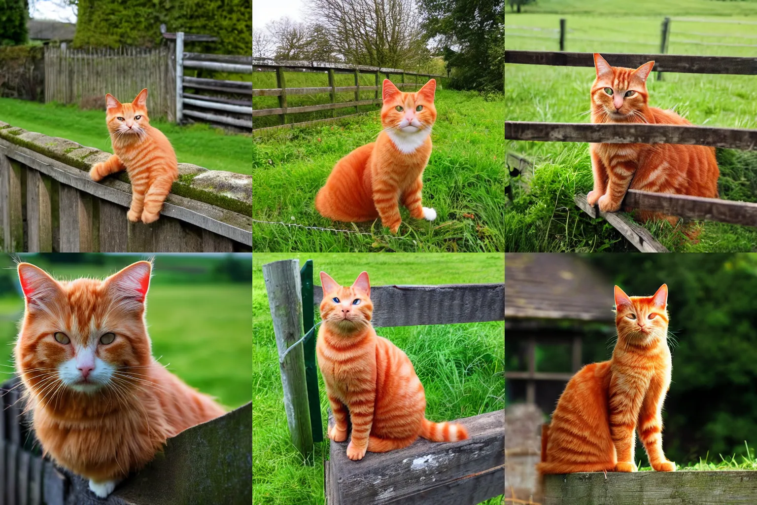 Prompt: a ginger cat sat on a fence in the English countryside