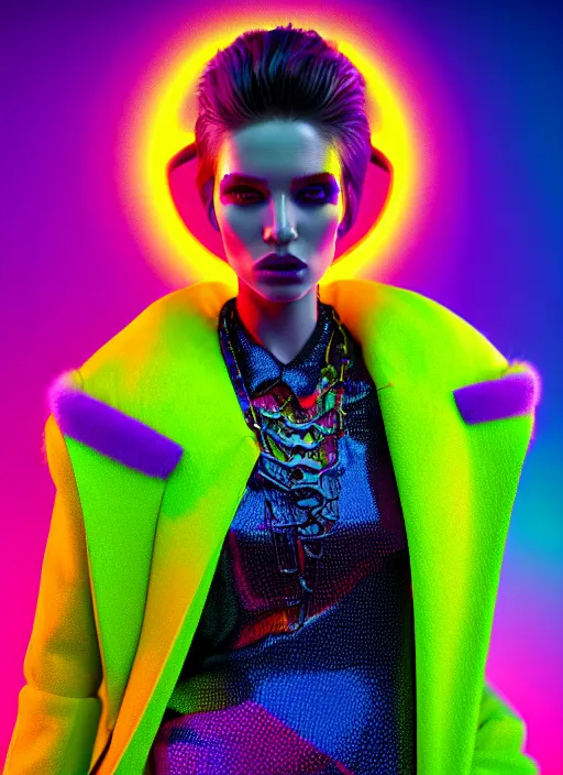 Prompt: coat for a rave, bright colors, many details, prints, photo for a magazine, photo for a store, fashion photography, Vogue, 135 mm, cinematic, hyper realism, high detail, octane render, 8k, chrome accents, very coherent symmetrical artwork, perfect face model, full length photo
