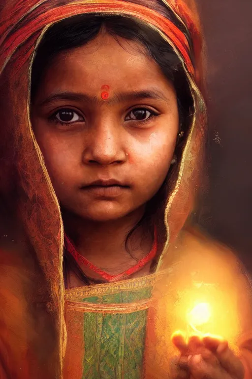 Image similar to hindu little girl, joyful, close - up portrait, intricate, elegant, volumetric lighting, scenery, digital painting, highly detailed, artstation, sharp focus, illustration, concept art, ruan jia, steve mccurry