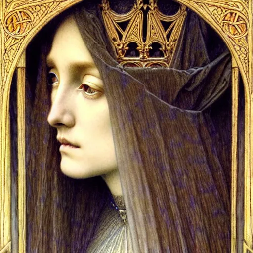 Image similar to detailed realistic beautiful young medieval queen face portrait by jean delville, gustave dore and marco mazzoni, art nouveau, symbolist, visionary, gothic, pre - raphaelite. horizontal symmetry