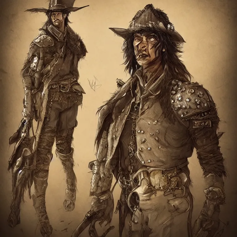 Image similar to full body+ face concept art of a post-apocalyptic sheriff marshal in the style of high fantasy art in the style of Wild west art trending on artstation deviantart Pinterest detailed realistic High Resolution HD 8k