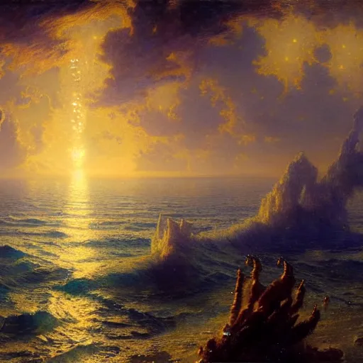 Prompt: point of view of deep in the ocean looking up, you see fishes, higher up you see the splendorous milk way illuminating the sea. highly detailed painting by gaston bussiere, greg rutkowski 8 k