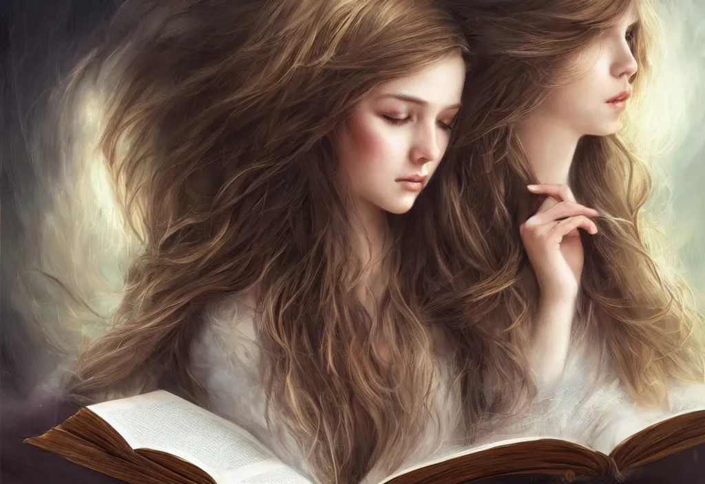 Image similar to a girl reading a book, hair flowing down, 8 k, hyperrealistic, hyperdetailed, fantasy portrait by laura sava, singular woman