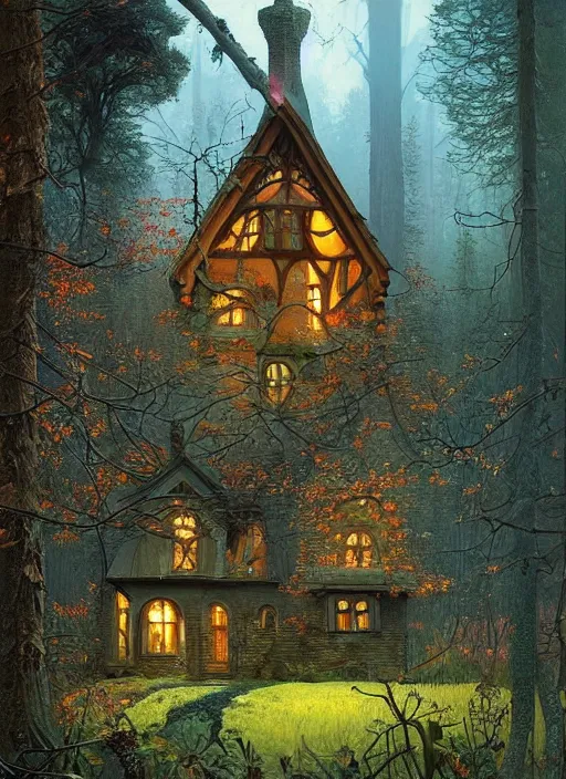 Image similar to hyper realistic homely ornate modern witch cottage far away in the woods gorgeous lighting, blue sky, highly detailed, lush forest by zdzisław beksinski and norman rockwell and greg rutkowskiweta studio, and lucasfilm