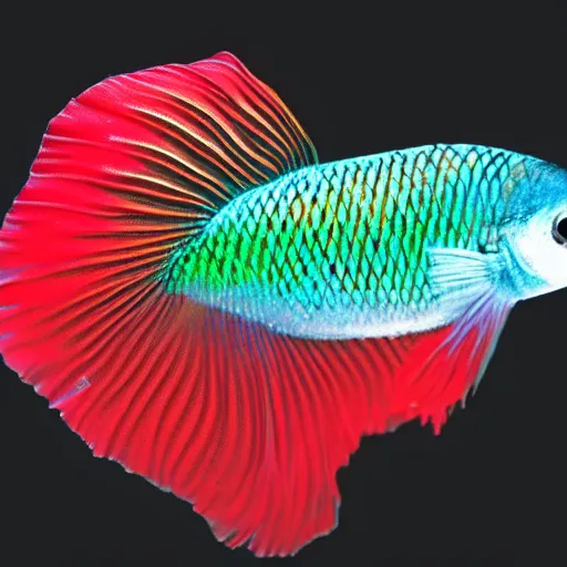 Prompt: a beautiful richly colored beta fish on a black background.