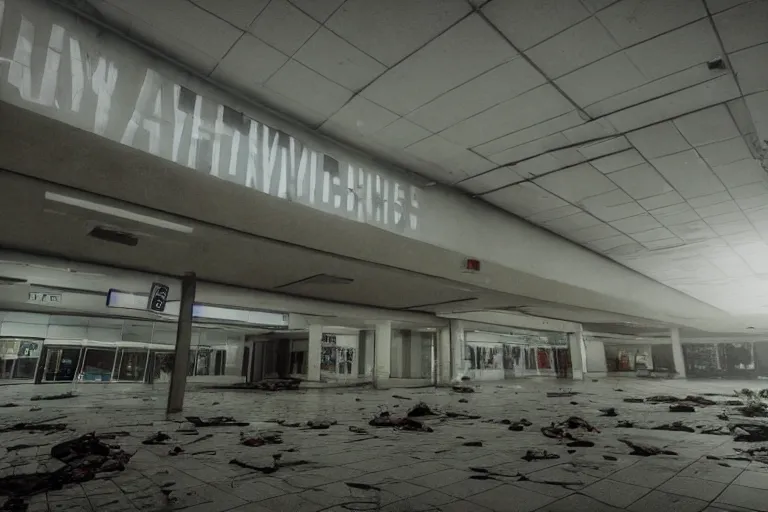 Image similar to low angle photo of a abandoned shopping mall with bodies floating, no gravity, cinematic lightning, ray tracing, unreal engine, photorealistic, detailed, dark, moody, foggy, scary