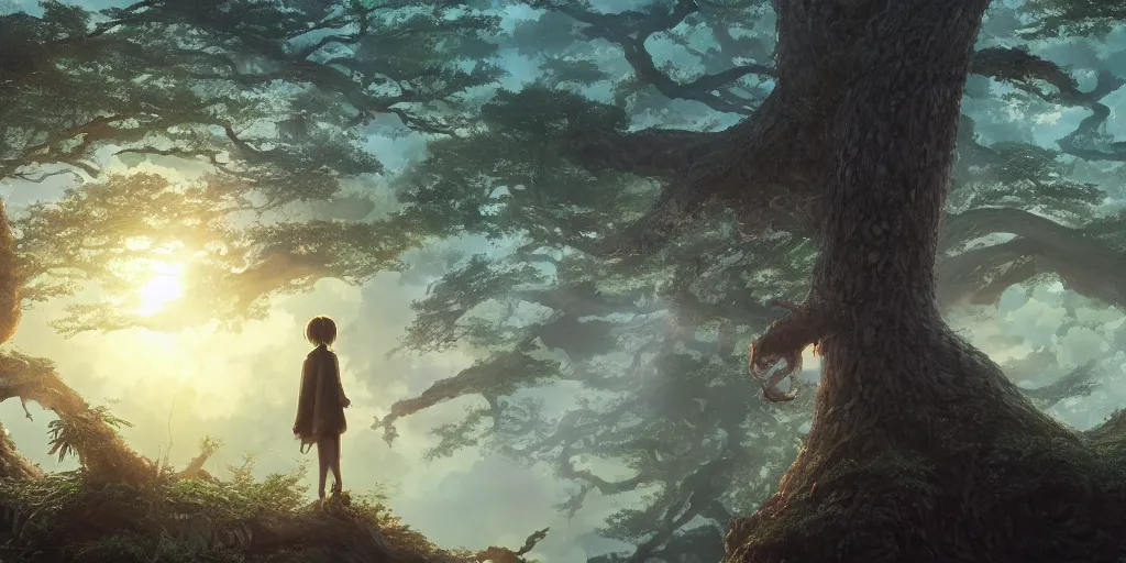 Image similar to giant monster in the distance, forest, standing on a tree top, 4 k, artgerm, high detail, dramatic lighting, sunset, hayao miyazaki, masashi ando, nizou yamamoto, kazuo oga, joe hisaishi, yoji takeshige, naoya tanaka