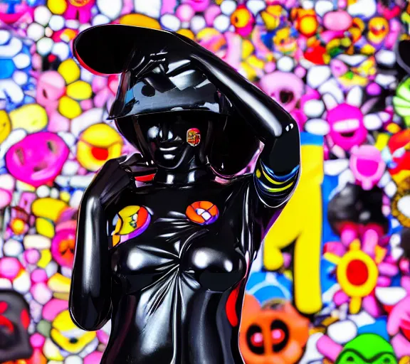 Image similar to portrait of a glossy black marble statue of an anime girl with colorful motocross logos and motorcycle helmet with reflective mirrored visor, colorful billboards in the background, carved marble statue, fine art, in the style of virgil abloh, in the style of takashi murakami,