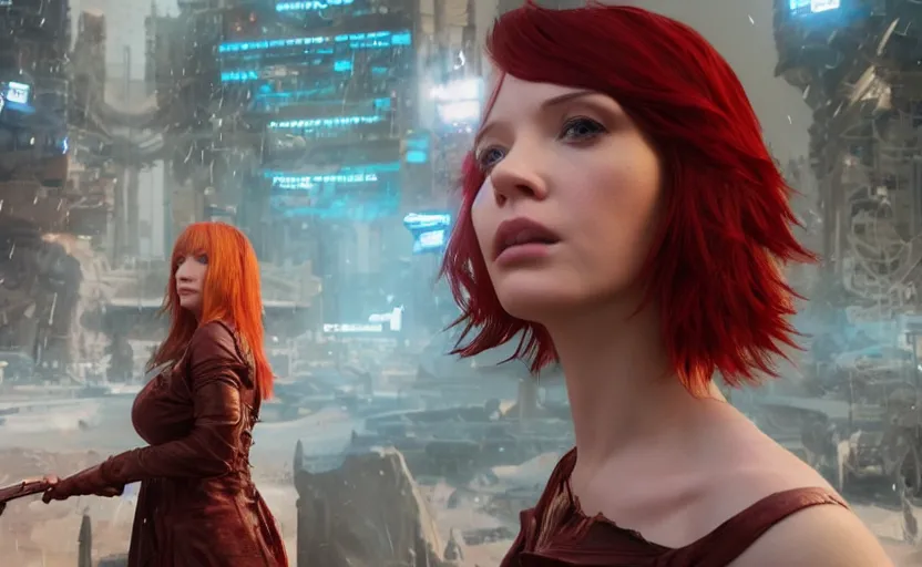 Prompt: a gaming screenshot portrait still of christina hendricks as scarlet in final fantasy, moebius, greg rutkowski, zabrocki, karlkka, jayison devadas, phuoc quan, trending on artstation, 8 k, ultra wide angle, video game graphics, blue technology sci - fi atmosphere realistic, 3 d game, zenith view, cyberpunk pincushion lens effect