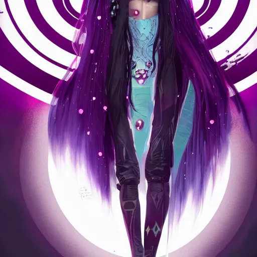 Prompt: a beautiful portrait of hatsune miku with long black and deep red colored hair and one purple colored cyberpunk eye, dressed a netrunner from shadowrun, intricate, elegant, highly detailed, digital painting, artstation, concept art, matte, sharp focus, illustration, art by greg rutkowski and alphonse mucha