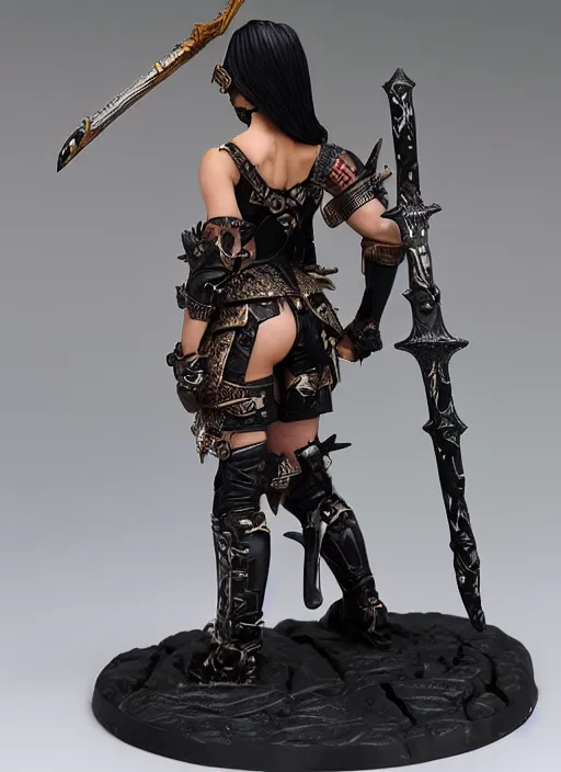 Image similar to 80mm resin detailed miniature of Queen of barbarian, black female, clothed in armor, circlet, very muscular, black hair, beautiful bone structure, symmetrical facial features, Product Introduction Photos, 4K, Full body, view from behind