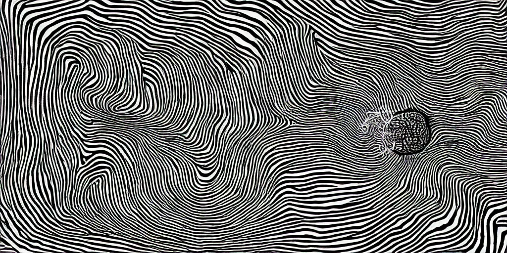 Prompt: a black and white drawing of a brain screaming at a loaded pistol, behance contest winner, op art, datamosh, psychedelic