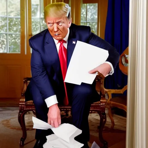 Prompt: UHD candid color photo of Donald Trump stuffing documents into the toilet, accurate faces, UHD, photorealistic, correct face, photo by Annie Leibowitz