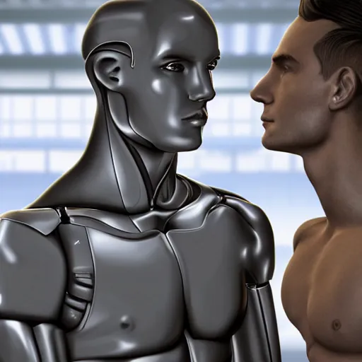 Image similar to a realistic detailed photo of a guy who is an attractive humanoid who is half robot and half humanoid, who is a male android, attractive and handsome soccer players, shiny skin, posing like a statue, blank stare, in a factory, on display, showing off his muscles, wearing soccer shorts, side view, looking at each other mindlessly