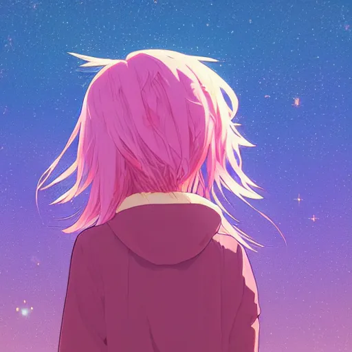 Image similar to a super detailed moe protagonist girl with pink hair in a field by inio asano, beeple and james jean, aya takano color style, 4 k, super detailed, night sky, digital art, digital painting, celestial, majestic, colorful