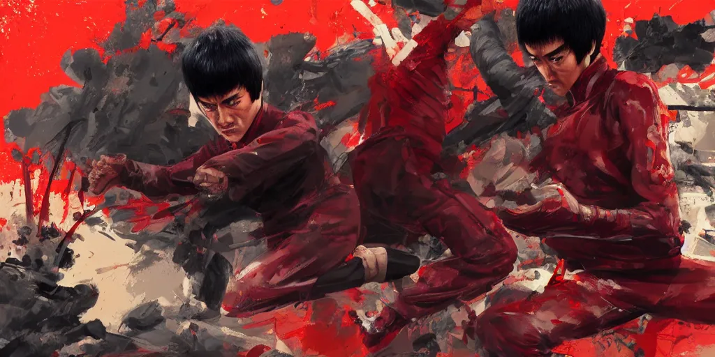 Image similar to bruce lee as kaneda, contrast, kim jung gi, greg rutkowski, zabrocki, karlkka, jayison devadas, trending on artstation, 8 k, ultra wide angle, zenith view, pincushion lens effect