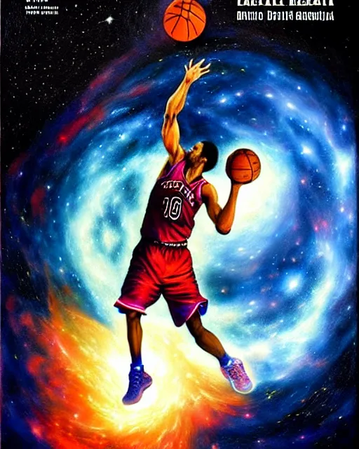 Prompt: cosmic basketball player dunking a basketball hoop in a nebula, an oil painting, by ( leonardo da vinci ) and greg rutkowski and rafal olbinski, award - winning magazine cover