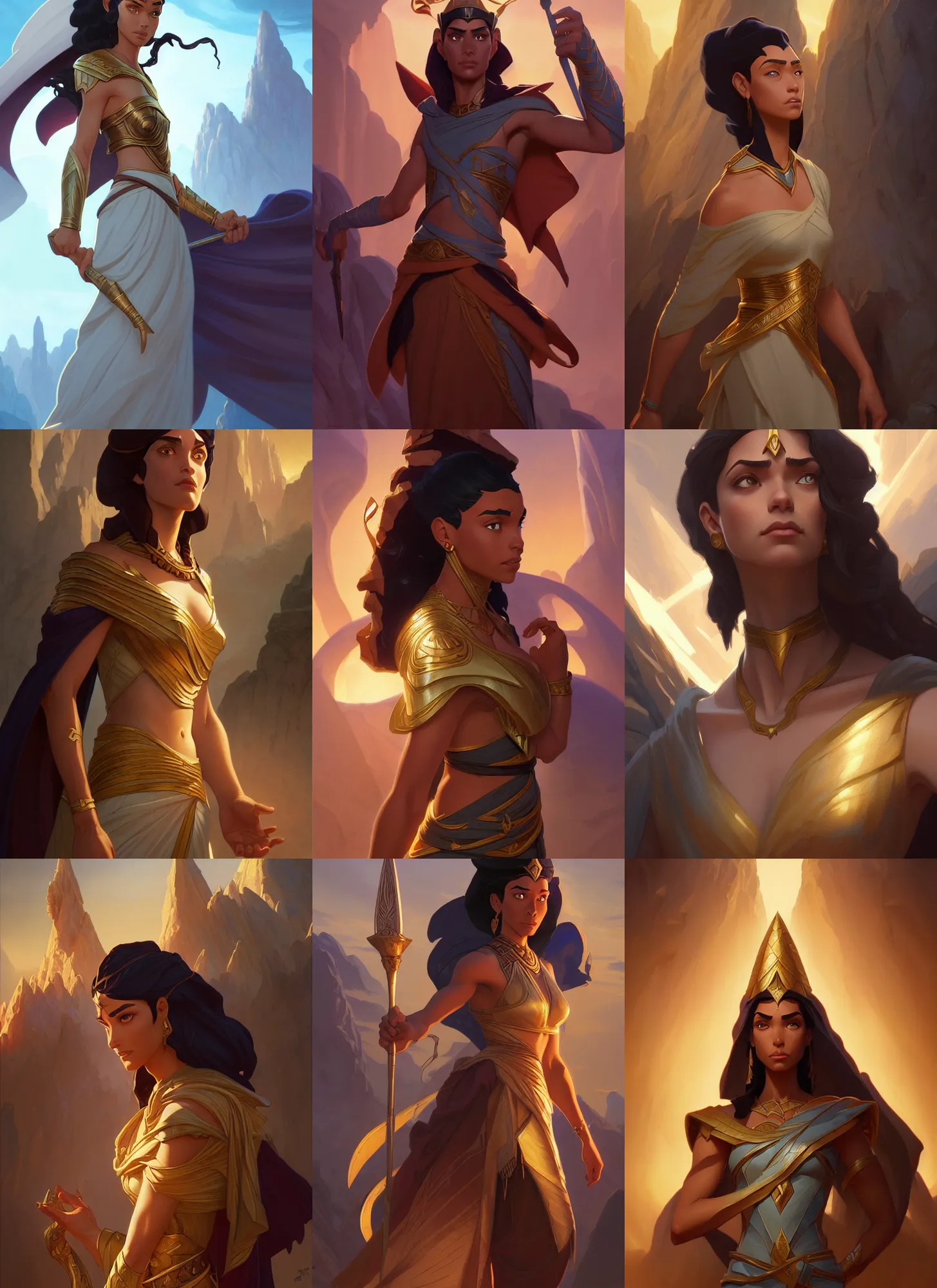 Prompt: characters from the prince of egypt, d & d, fantasy, intricate, elegant, highly detailed, digital painting, artstation, concept art, matte, sharp focus, illustration, hearthstone, art by artgerm and greg rutkowski and alphonse mucha