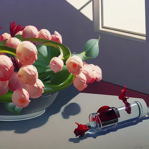 Image similar to an achingly beautiful still life featuring blooming flowers, tillamook cheese, and red wine , very coherent, painted by Edward Hopper, Wayne Barlowe, painted by James Gilleard, airbrush, art by JamesJean