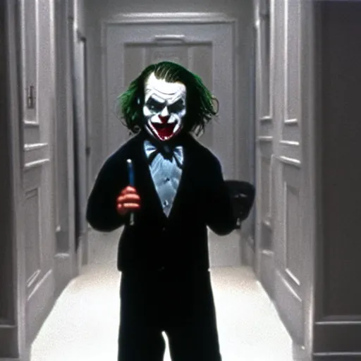 Image similar to jack torrance as the joker in the shining, standing at end of long hall holding an axe, widescreen shot, anamorphic film, screenshot by stanley kubrick