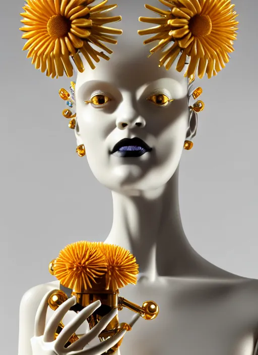 Image similar to mannequin carrying perfume bottle, biomechanical gold corals daisies rhizomorphs in an ivory room well contoured smooth fair walls, up close shot, sharp focus, global illumination, radiant light, alexandre ferra white mecha, irakli nadar, octane highly render, 4 k, ultra hd,