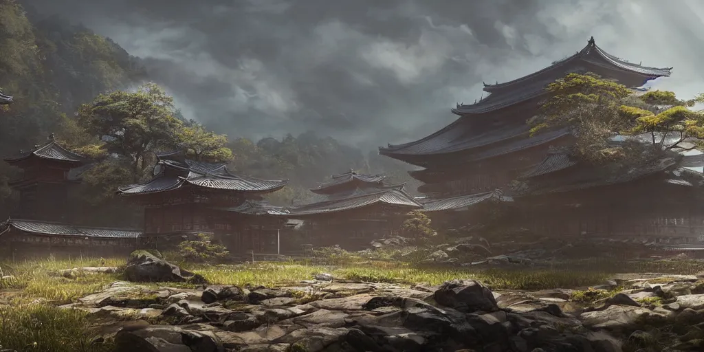Image similar to an environmental concept art of ghost of tsushima, highly detailed, temple, god rays, environmental light, cinematic by francis tneh