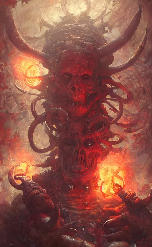 Prompt: a terrifying red dwarf with ram horns serving grog at a fantastical pub in hell, floating cloth whirlpool, butterfly hard lighting ethereal horror fantasy art by and hajime sorayama, yukito kishiro, raymond swanland and monet, ruan jia, by wlop