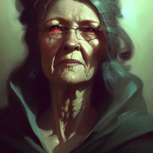 Image similar to an old woman with a mullet, portrait, close up, high detailed, craig mullins, peter mohrbacher, unreal engine, 8 k, dark beauty, trending on artstation