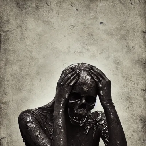 Image similar to vertical pile of melting skull vomiting black tar, anka zhuravleva