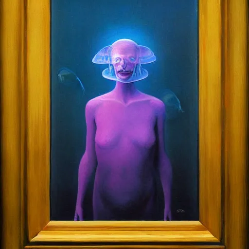 Image similar to portrait painting of jellyfish shark moon star, science fiction, Edward Hopper and James Gilleard, Zzislaw Beksinski, highly detailed