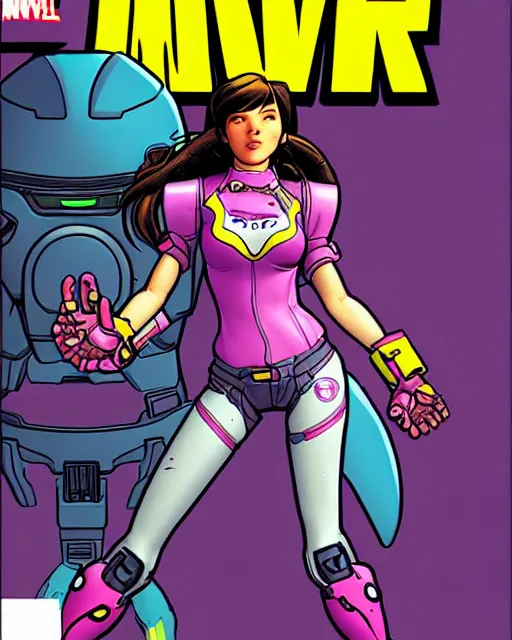 Image similar to d. va from overwatch, comic book cover, in the style of richard corben, dave gibbons, todd mcfarlane, bernie wrightson