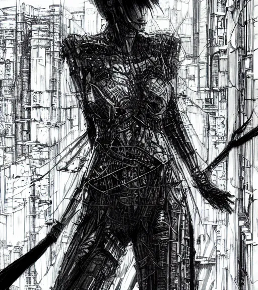 Image similar to andrei tarkovsky cyberpunk scene, epic ancient tower of babylon, woman in transparent cyber clothing, hyperrealistic, blame, manga style, drawing by tsutomu nihei, cyber world, concept art, hyper - detailed, smooth, masterpiece, epic, cinematic, high quality
