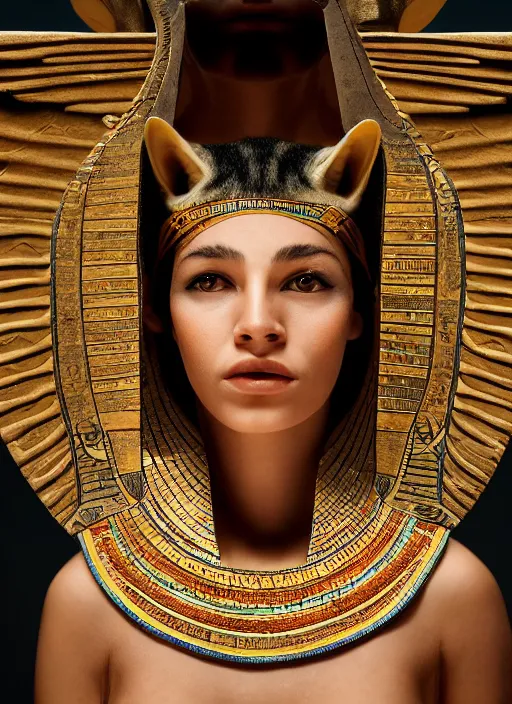 Image similar to closeup portrait of an egyptian cat goddess, depth of field, zeiss lens, detailed, symmetrical, centered, fashion photoshoot, by Annie Leibovitz and Steve McCurry, David Lazar, Jimmy Nelsson, Breathtaking, 8k resolution, extremely detailed, beautiful, establishing shot, artistic, hyperrealistic, beautiful face, octane render