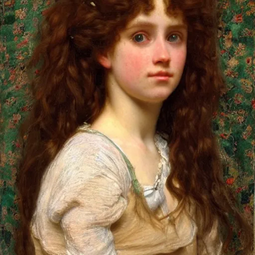 Prompt: a portrait of a girl with red curly long hair and green eyes, with a pretty frame and a devoted posture, a tear slides down her left cheek while she looks at the viewer, in the style of lawrence alma - tadema, extremely detailed, golden ratio, 8 k