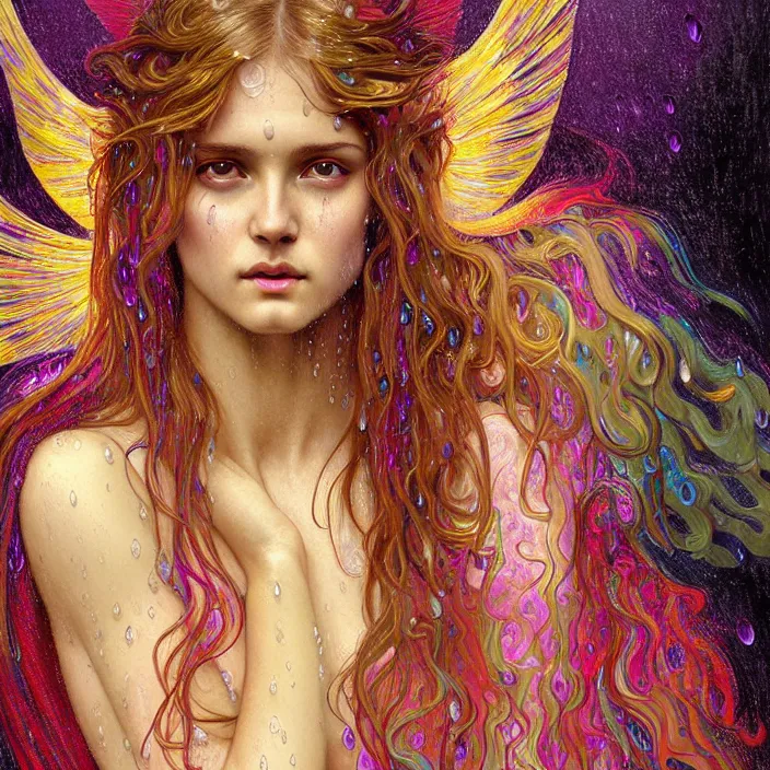 Image similar to bright psychedelic angel portrait with rain on face and wet hair, smiling, diffuse lighting, fantasy, intricate, elegant, highly detailed, lifelike, photorealistic, digital painting, artstation, illustration, concept art, smooth, sharp focus, art by John Collier and Albert Aublet and Krenz Cushart and Artem Demura and Alphonse Mucha