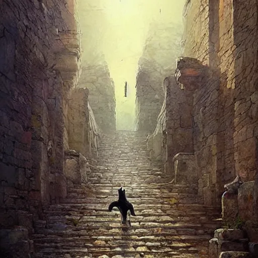 Image similar to cat - canibal walking on ancient city, very detailed fine art, top of pinterest, trend of artistation, style of ( ( ( ( ( greg rutkowski ) ) ) ) )