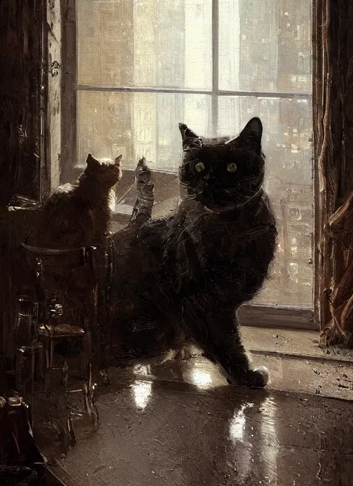 Image similar to a portrait of a cat inside a modern apartment, intricate oil painting, hyperdetailed, ethereal, cinematic, dramatic lighting, by jeremy mann and julius adam ii