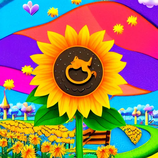 Image similar to a sunflower emoji, unicorns im background, candyland.