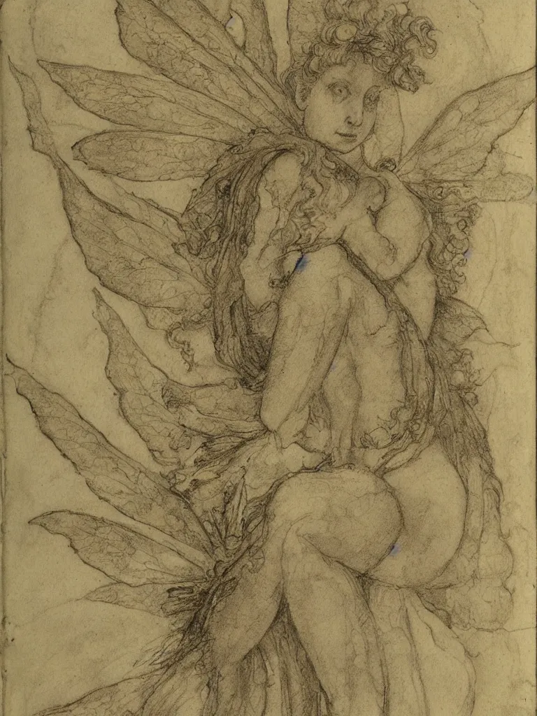 Image similar to sketch, study of a fairy, in the style of leonardo da vinci, with written notes, annotations, sketchbook